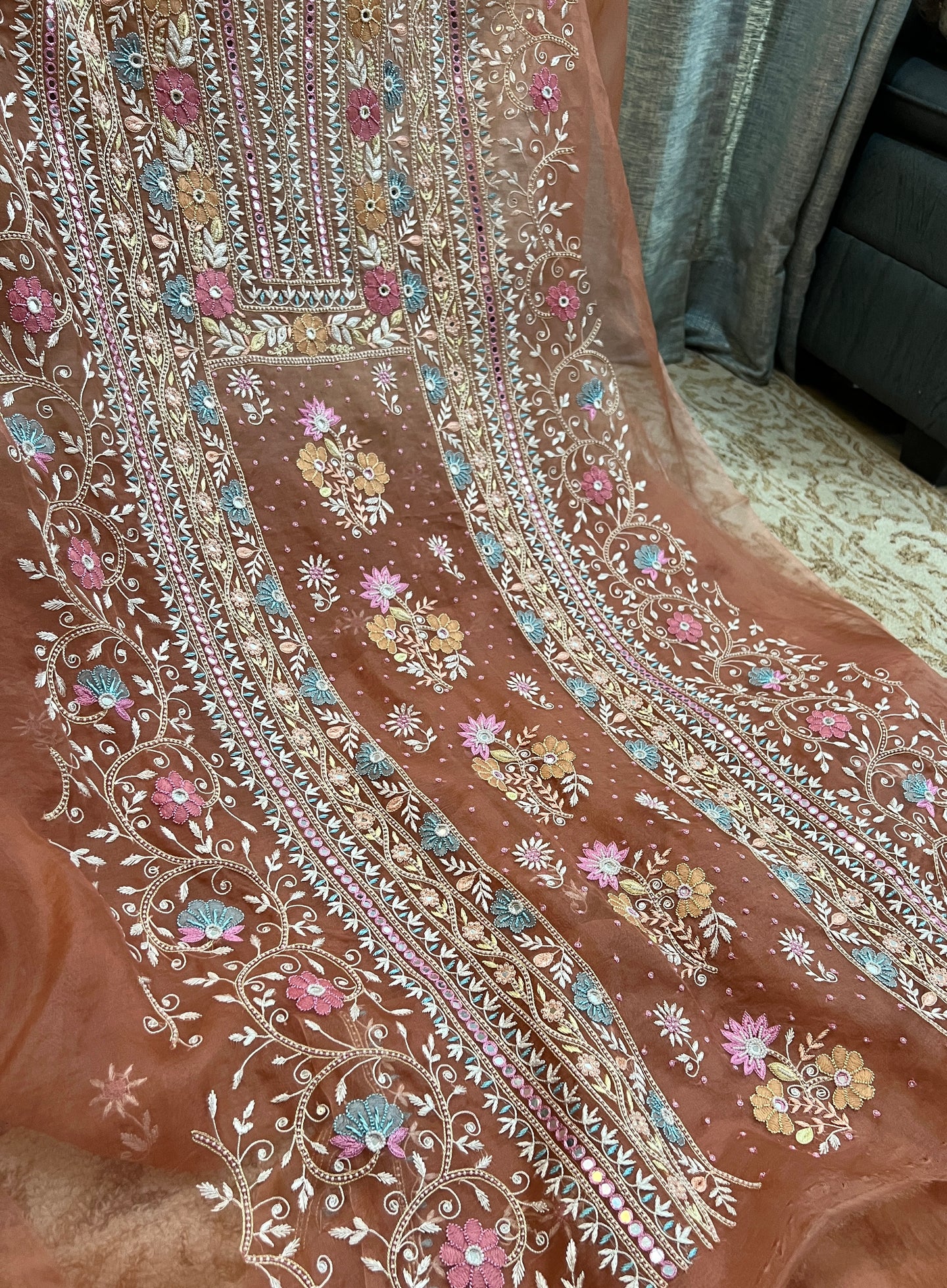 Ruhani Rusty Rose fine Chikankari pure Organza kurta with dupatta